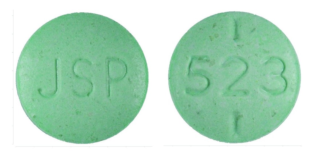 Pill with imprint JSP 523, green, round, 7 mm (Levothyroxine Sodium 300 mcg)
