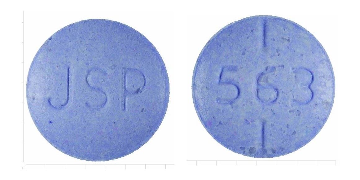 Pill with imprint JSP 563, purple, round, 7 mm (Levothyroxine Sodium 0.175 mg)